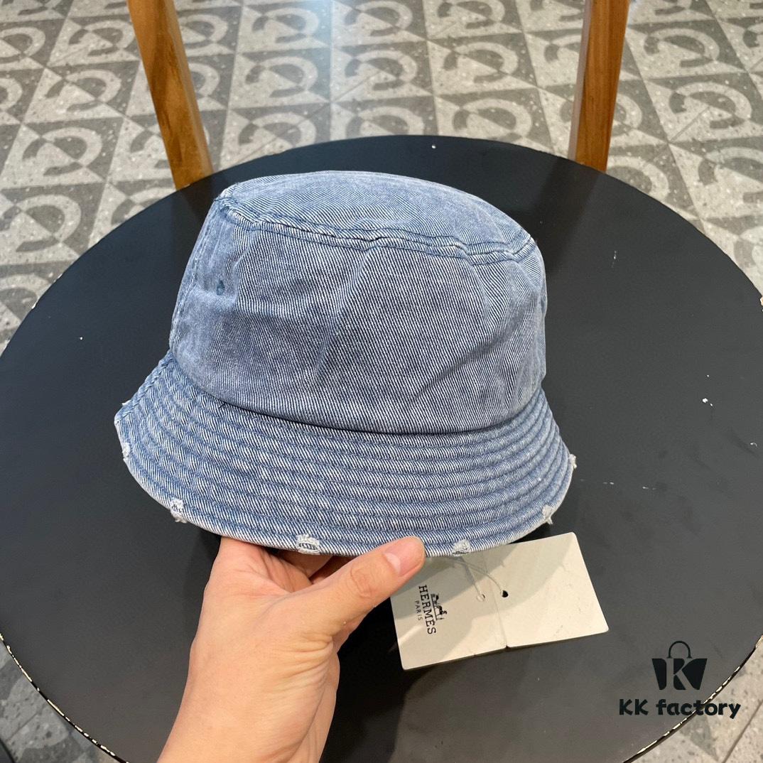 Hermes 2024 Fall/Winter 6cm Small Brim American Vintage Washed Distressed Denim Fisherman Hat, Bucket Hat