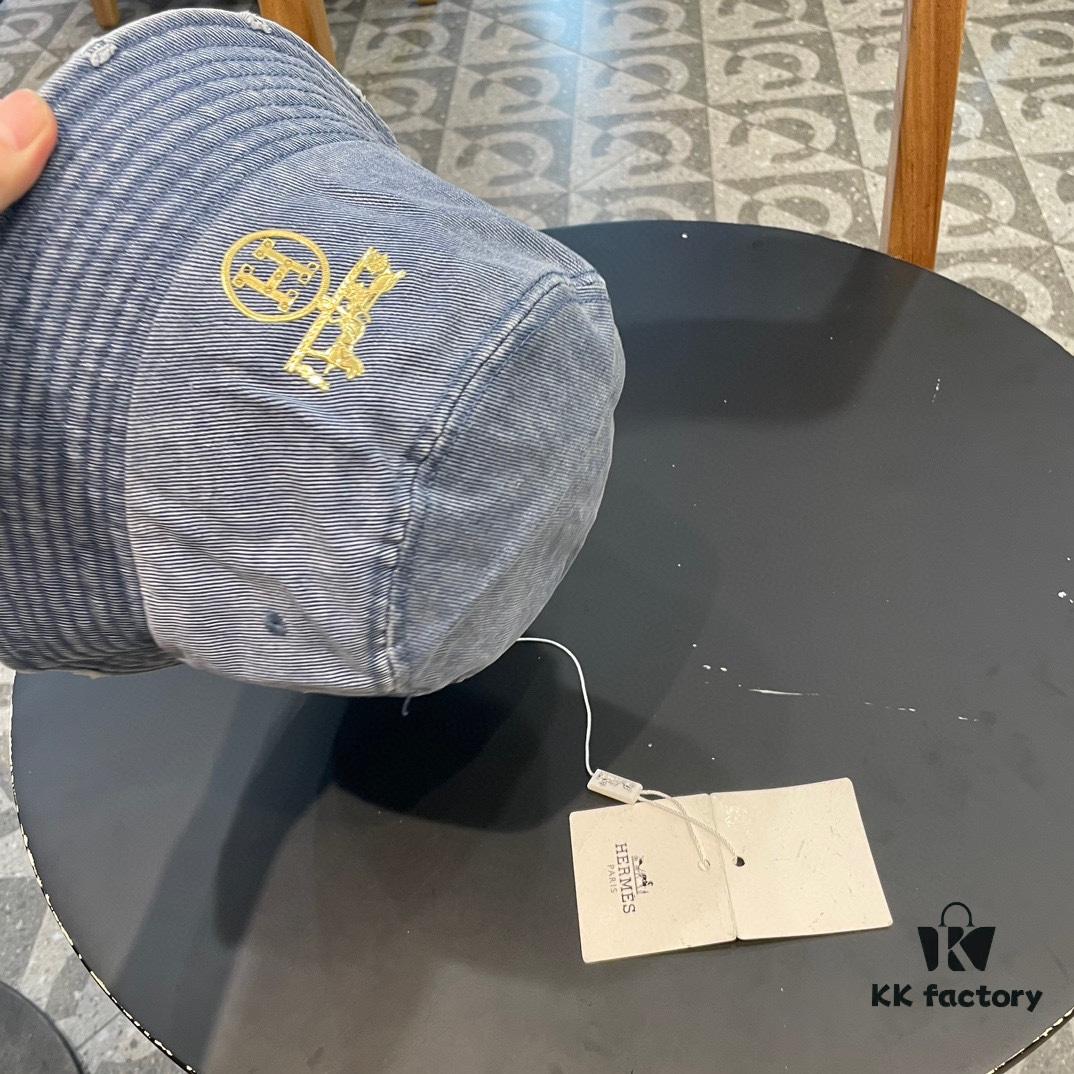 Hermes 2024 Fall/Winter 6cm Small Brim American Vintage Washed Distressed Denim Fisherman Hat, Bucket Hat