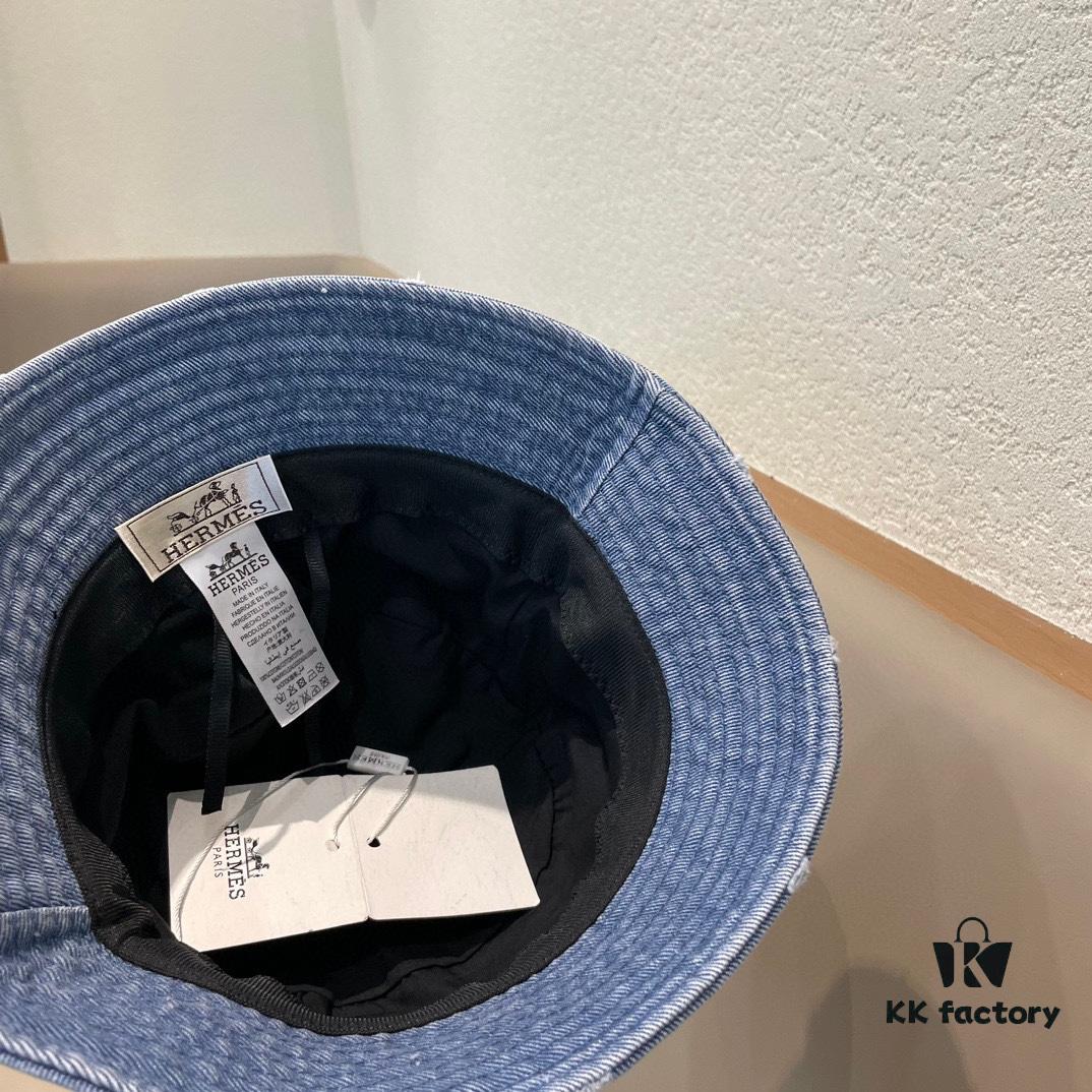 Hermes 2024 Fall/Winter 6cm Small Brim American Vintage Washed Distressed Denim Fisherman Hat, Bucket Hat