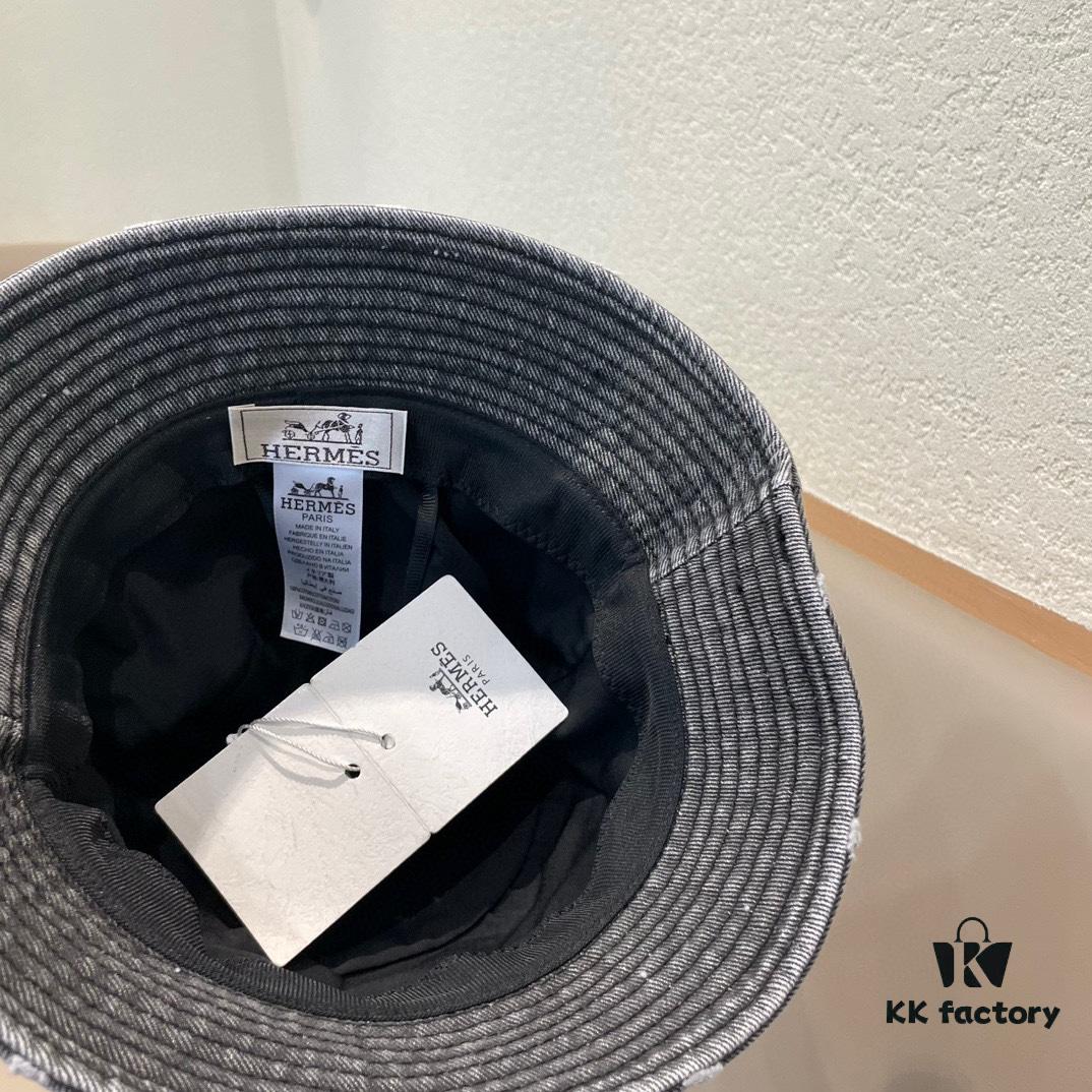 Hermes 2024 Fall/Winter 6cm Small Brim American Vintage Washed Distressed Denim Fisherman Hat, Bucket Hat