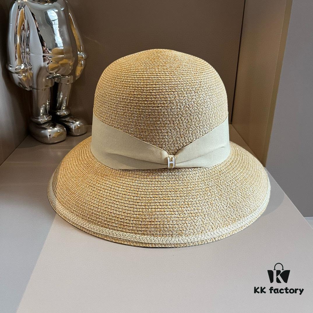 Hermes New Arrival Straw Hat, Made with Taiwanese Fine Straw, Simple and Elegant Aristocratic Style, Head Circumference 57cm