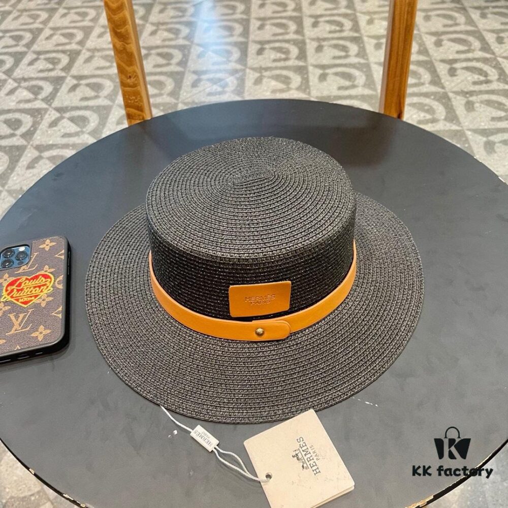 Hermès New Belt Style Straw Hat, Flat Top Fedora, Head Circumference 57cm