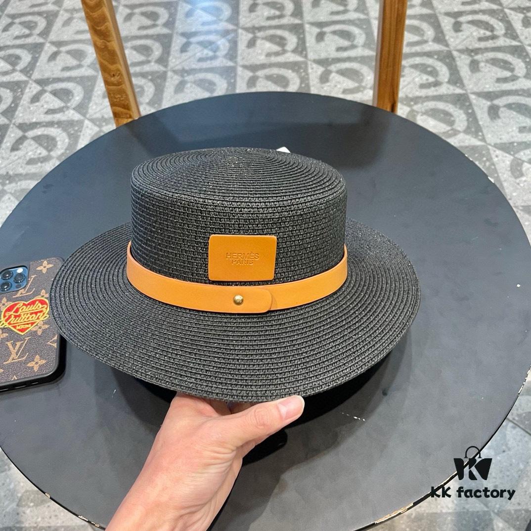 Hermès New Belt Style Straw Hat, Flat Top Fedora, Head Circumference 57cm