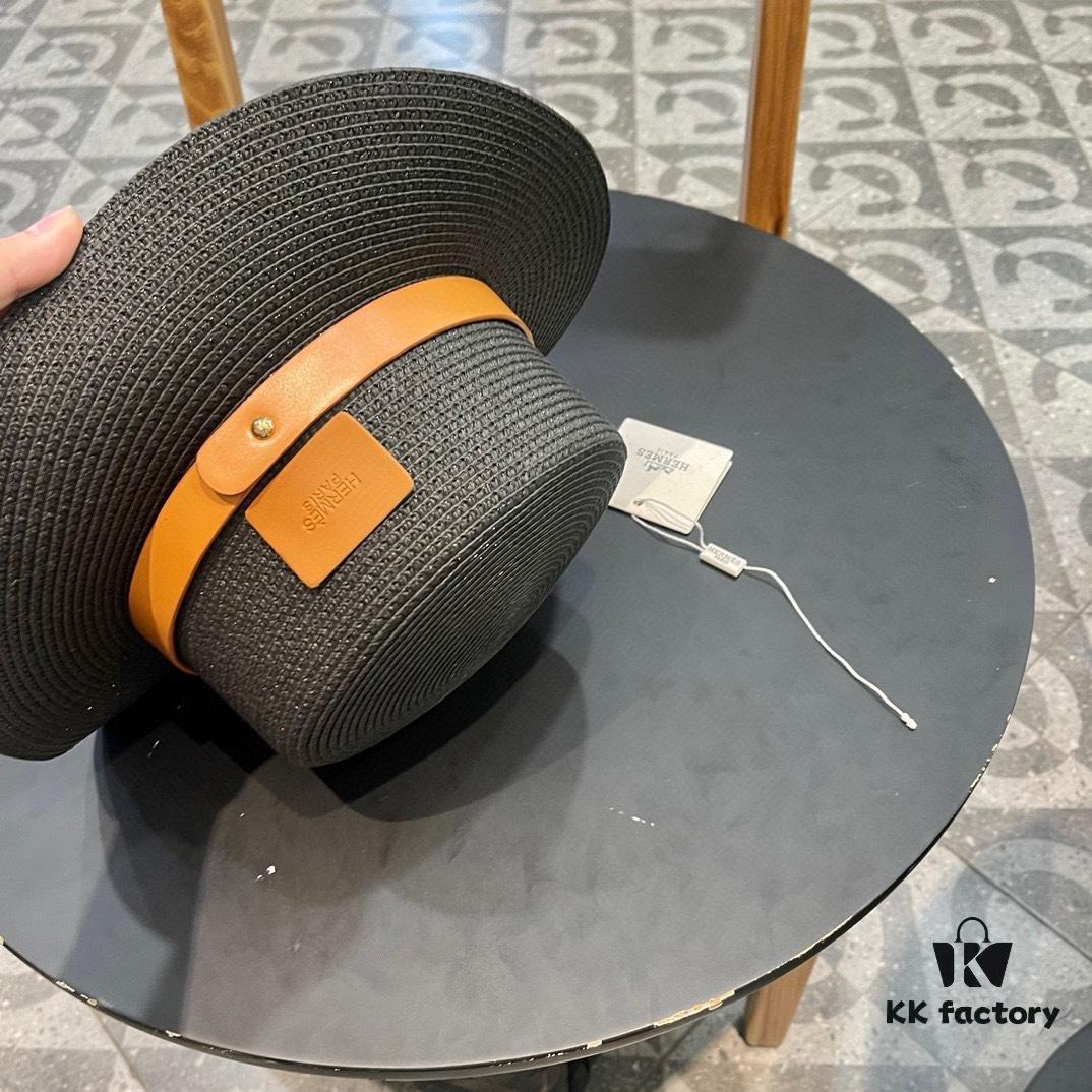 Hermès New Belt Style Straw Hat, Flat Top Fedora, Head Circumference 57cm