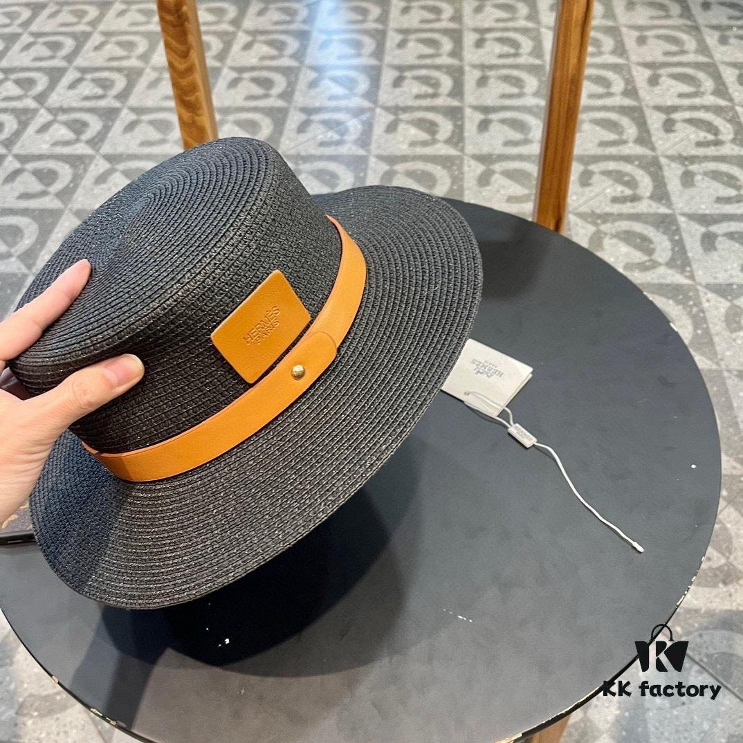 Hermès New Belt Style Straw Hat, Flat Top Fedora, Head Circumference 57cm