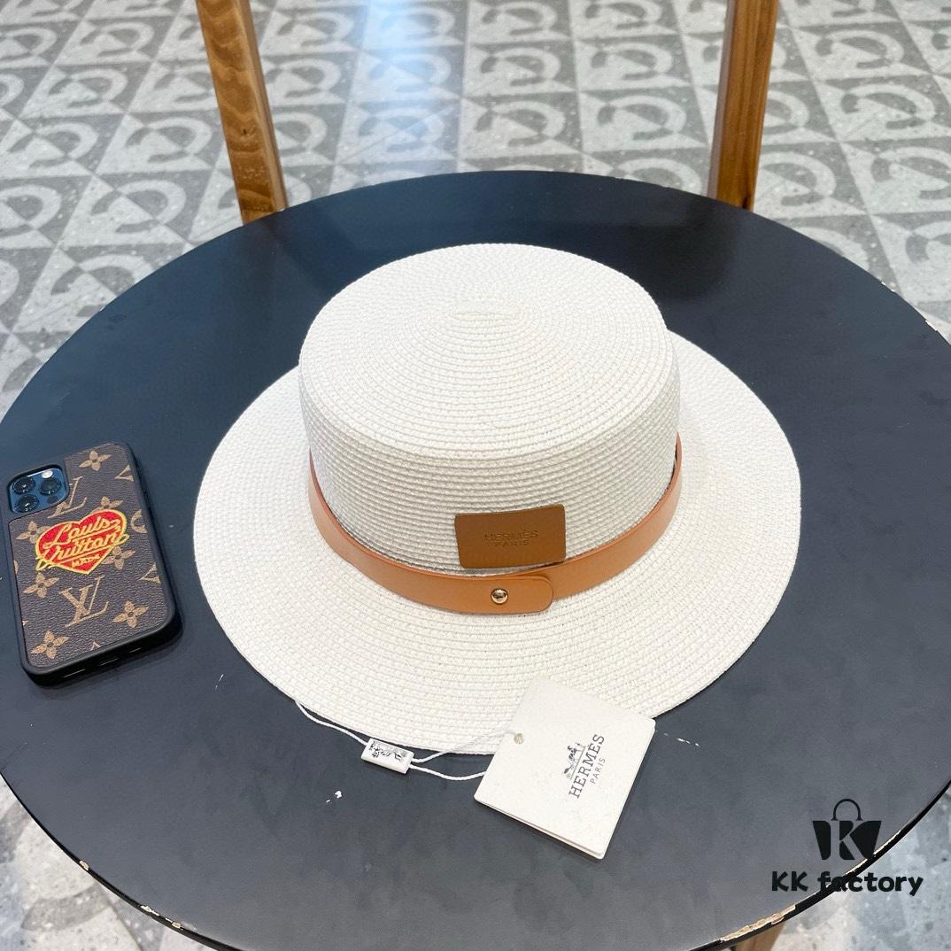 Hermès New Belt-Style Straw Hat, Flat-Crown Fedora, Head Circumference 57cm