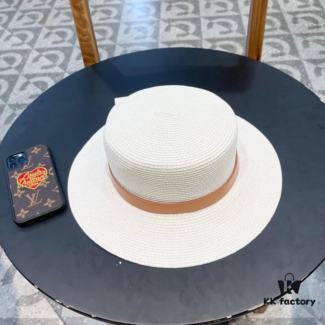 Hermès New Belt-Style Straw Hat, Flat-Crown Fedora, Head Circumference 57cm