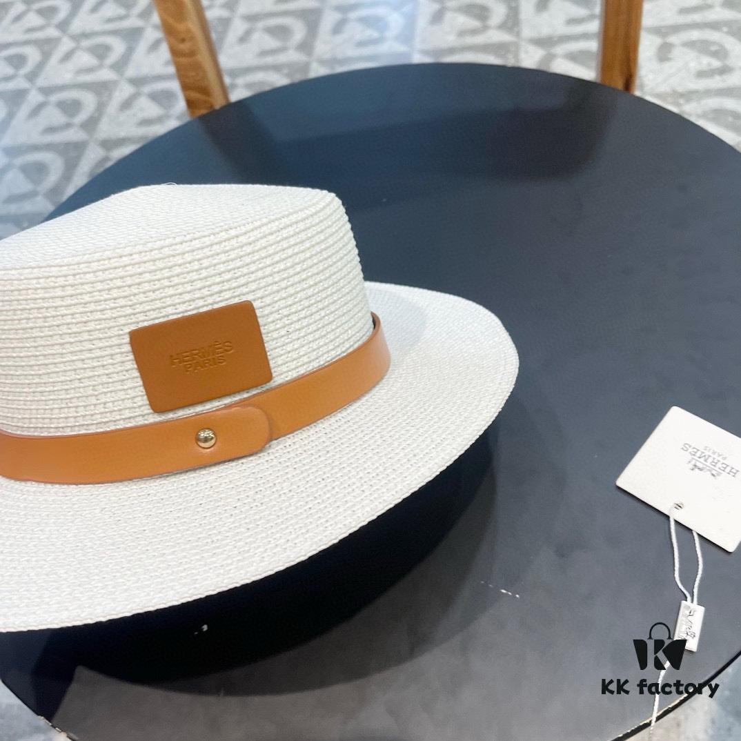 Hermès New Belt-Style Straw Hat, Flat-Crown Fedora, Head Circumference 57cm