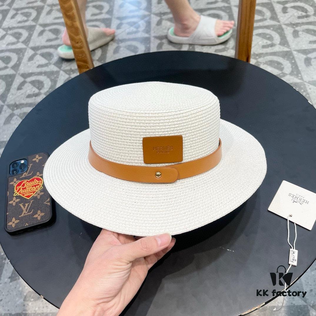 Hermès New Belt-Style Straw Hat, Flat-Crown Fedora, Head Circumference 57cm