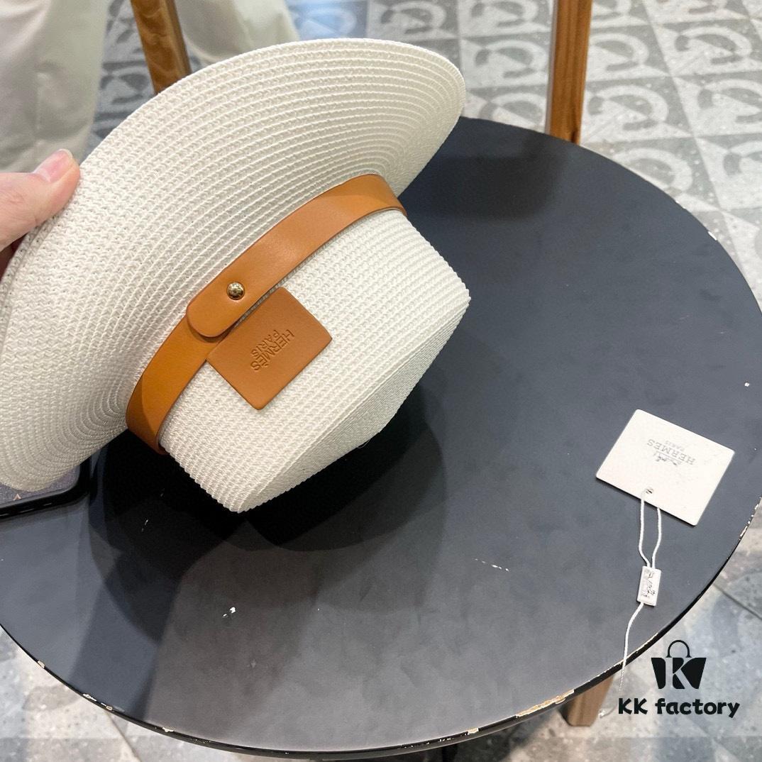 Hermès New Belt-Style Straw Hat, Flat-Crown Fedora, Head Circumference 57cm