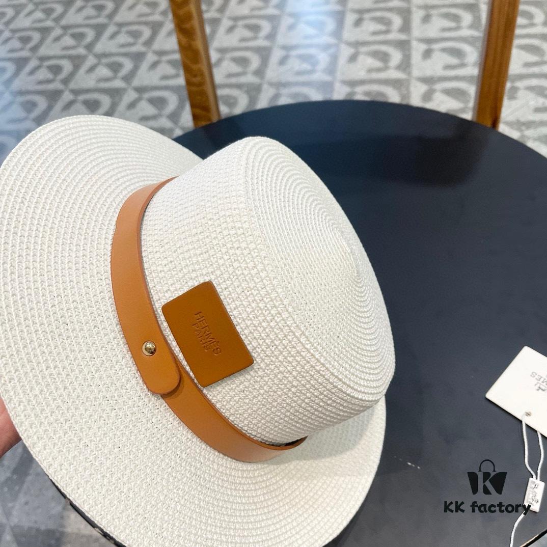 Hermès New Belt-Style Straw Hat, Flat-Crown Fedora, Head Circumference 57cm