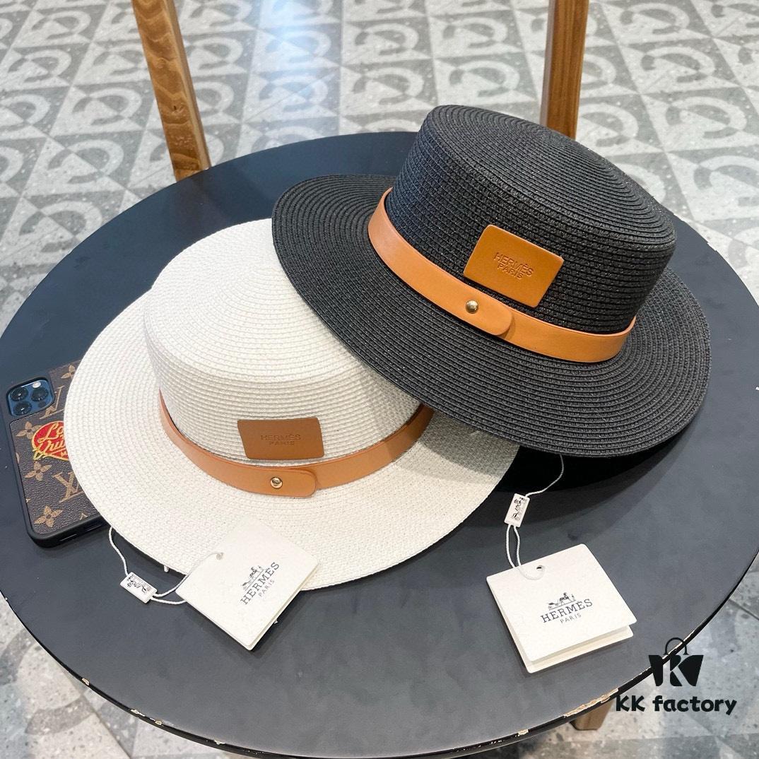 Hermès New Belt-Style Straw Hat, Flat-Crown Fedora, Head Circumference 57cm