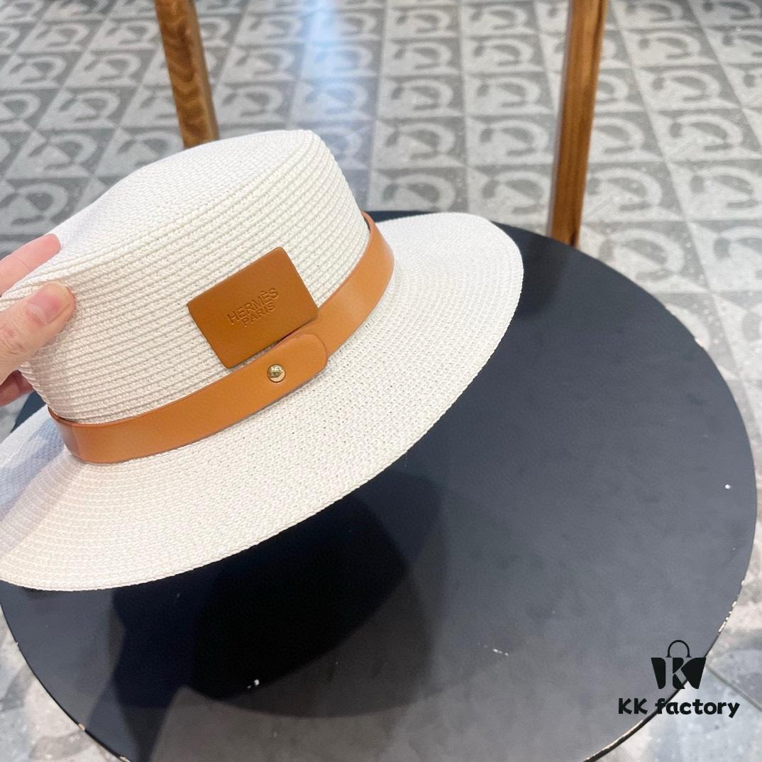 Hermès New Belt-Style Straw Hat, Flat-Crown Fedora, Head Circumference 57cm