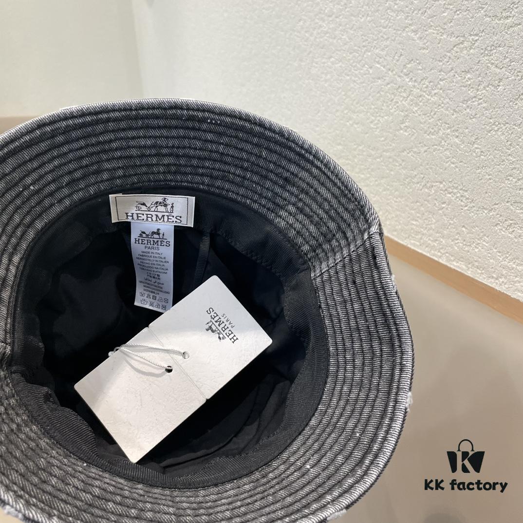 Hermes 2024 Fall/Winter 6cm Small Brim, Americana Vintage Washed Distressed Denim Fisherman Hat