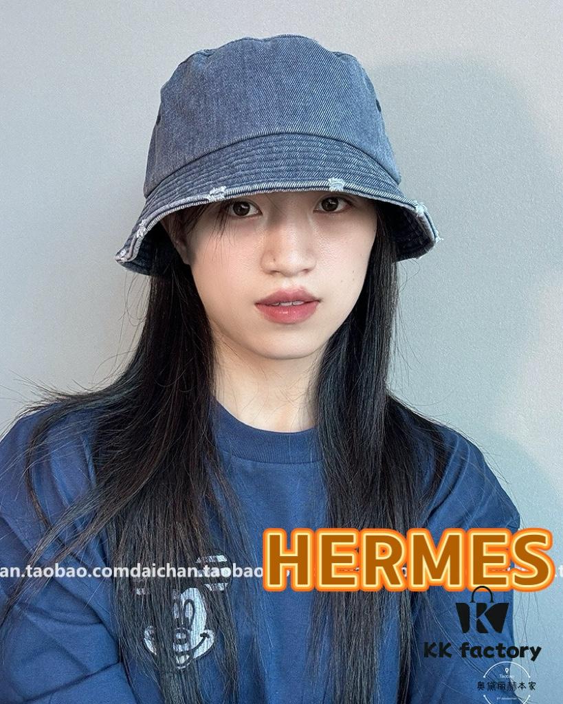 Hermes 2024 Fall/Winter 6cm Small Brim, American Vintage Washed Distressed Denim Fisherman Hat