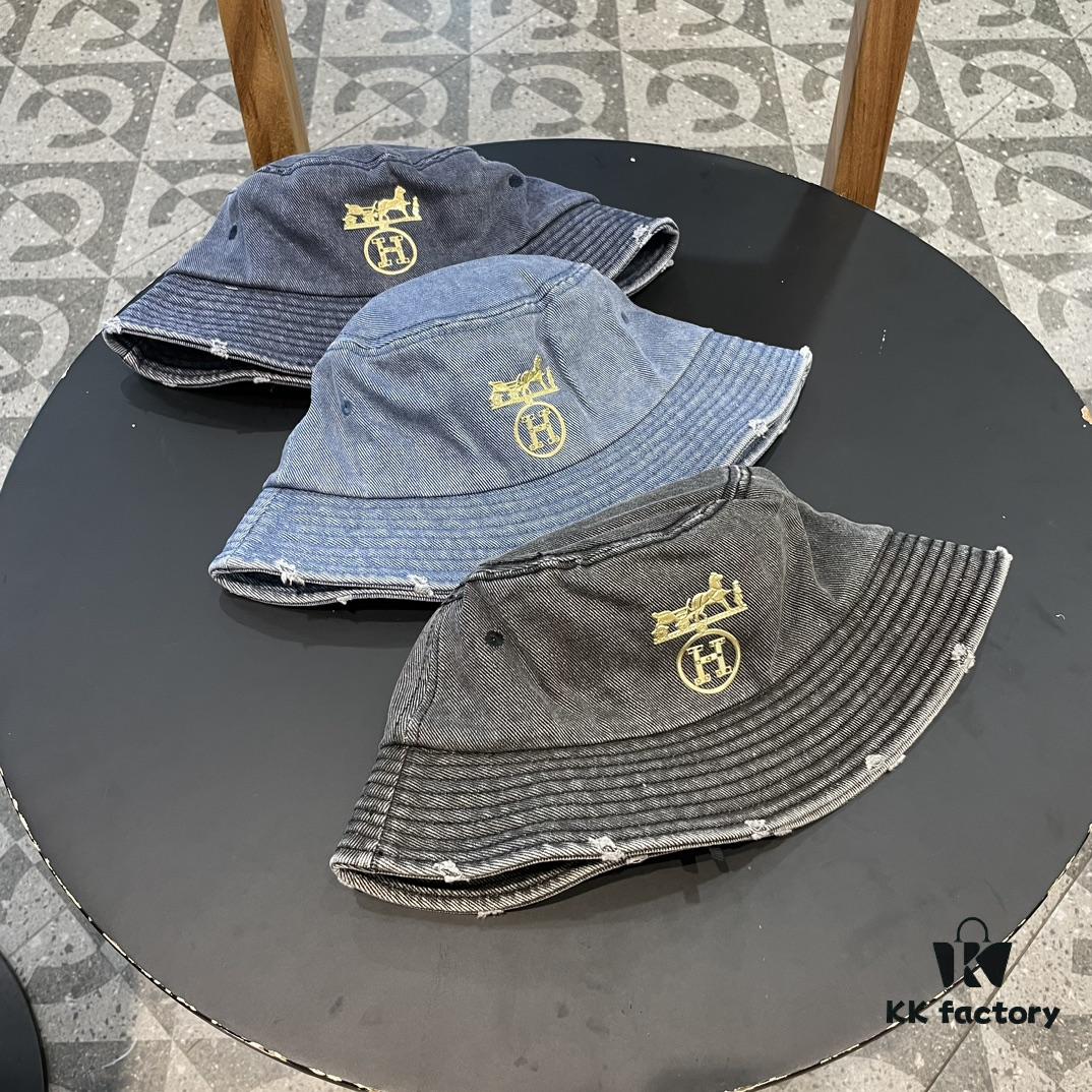 Hermes 2024 Fall/Winter 6cm Small Brim, American Vintage Washed Distressed Denim Fisherman Hat