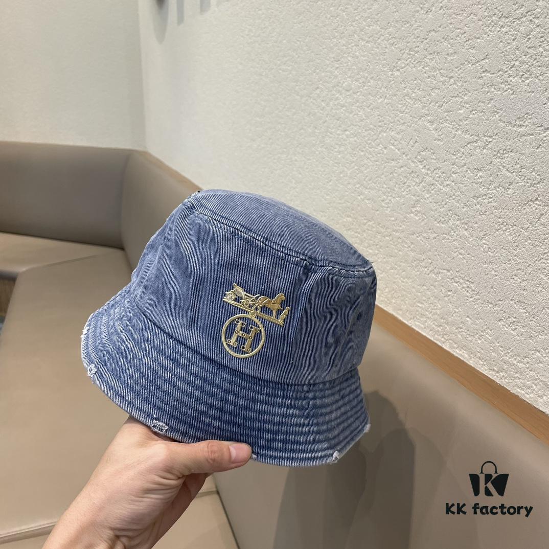 Hermes 2024 Fall/Winter 6cm Small Brim, American Vintage Washed Distressed Denim Fisherman Hat