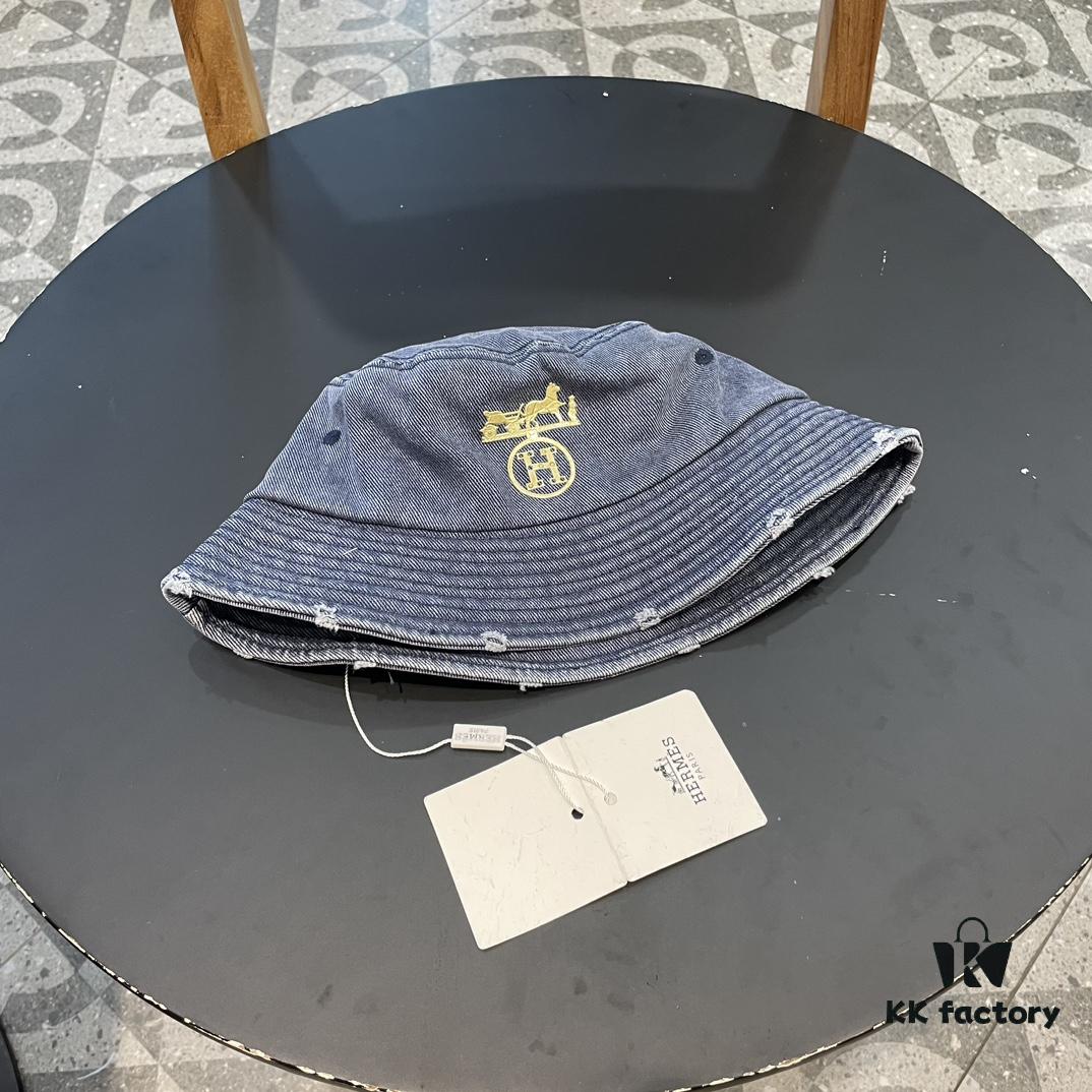 Hermès 2024 Fall/Winter 6cm Small Brim American Vintage Washed Distressed Denim Fisherman Hat