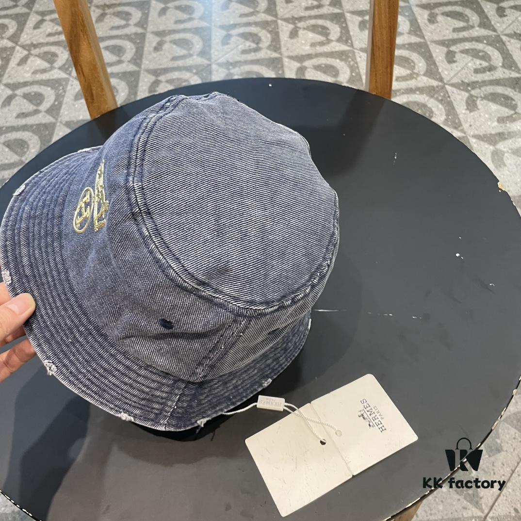 Hermès 2024 Fall/Winter 6cm Small Brim American Vintage Washed Distressed Denim Fisherman Hat