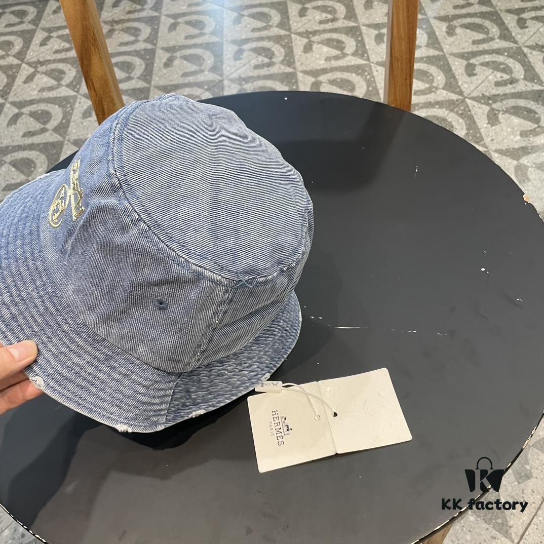 Hermes 2024 Fall/Winter 6cm Small Brim, American Vintage Washed Distressed Denim Fisherman Hat