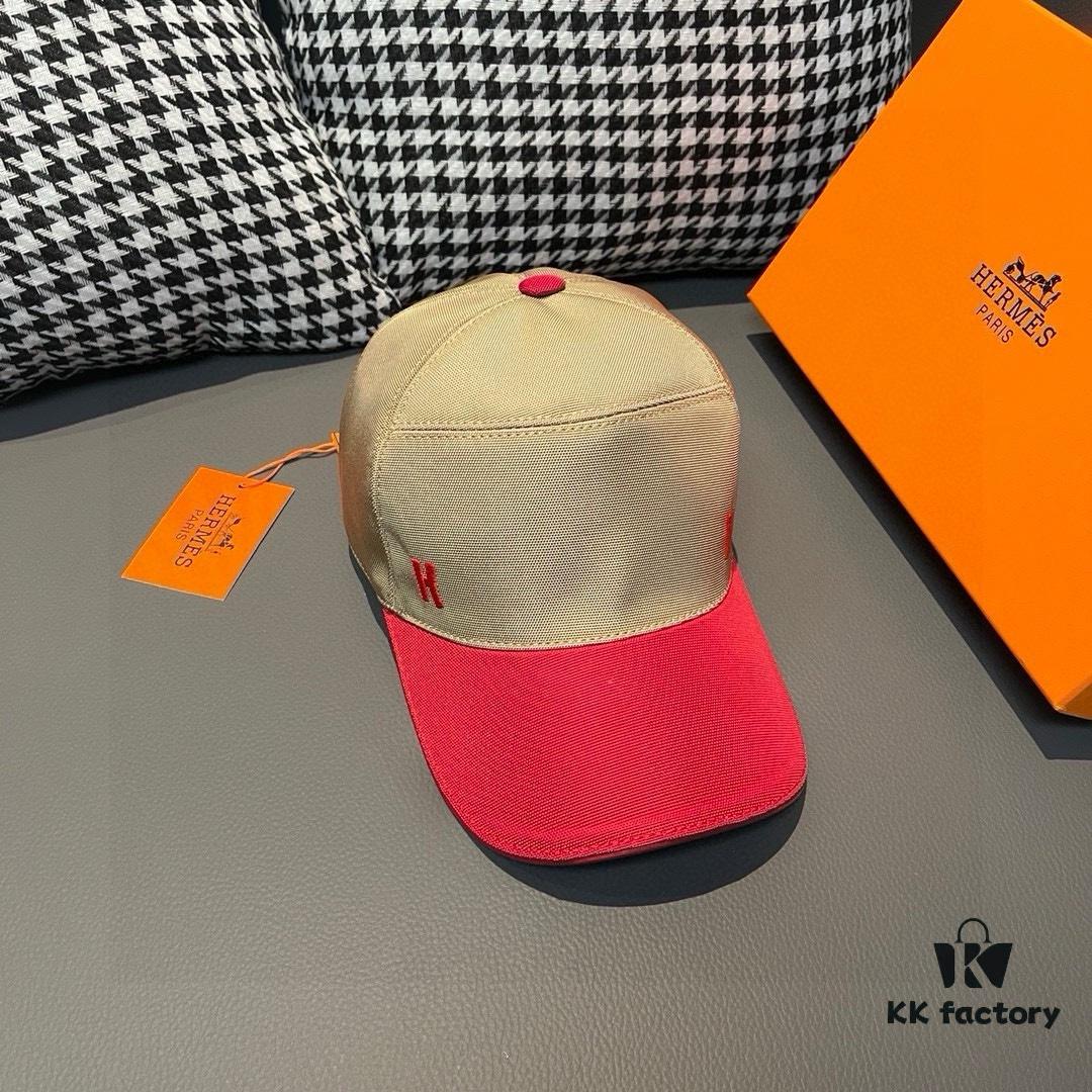 HERMÈS (Hermes) Latest Original Single Baseball Cap, Color-Block H Design, Authentic Mold Custom-Made, High-Quality Breathable Canvas Fabric with Genuine Top-Layer Leather, Original Factory Stainless Steel Adjustable Buckle