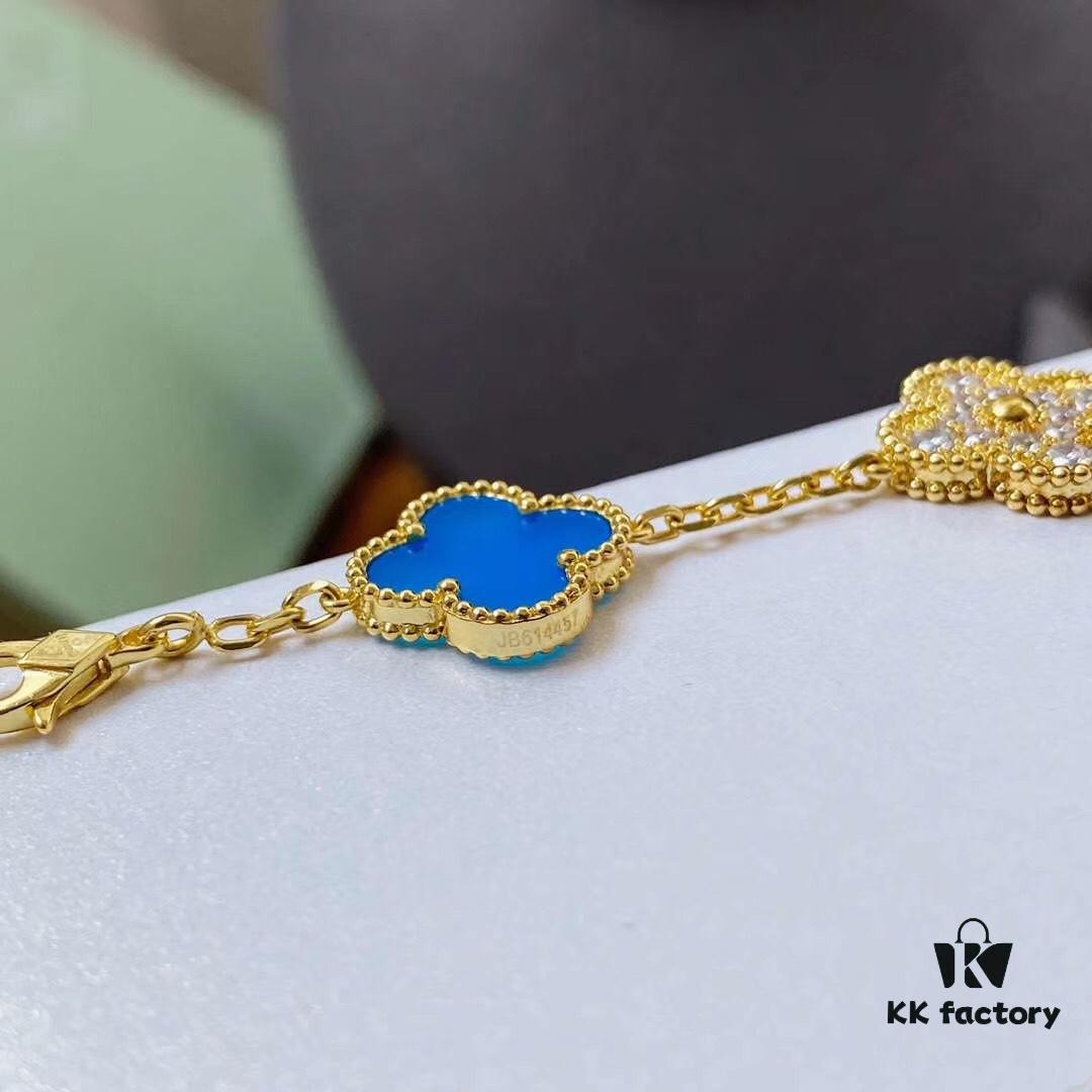 Van Cleef & Arpels 2019 New Arrival, 50th Anniversary Limited Edition Five-Flower Mother-of-Pearl Bracelet in Blue Ceramic and Gold