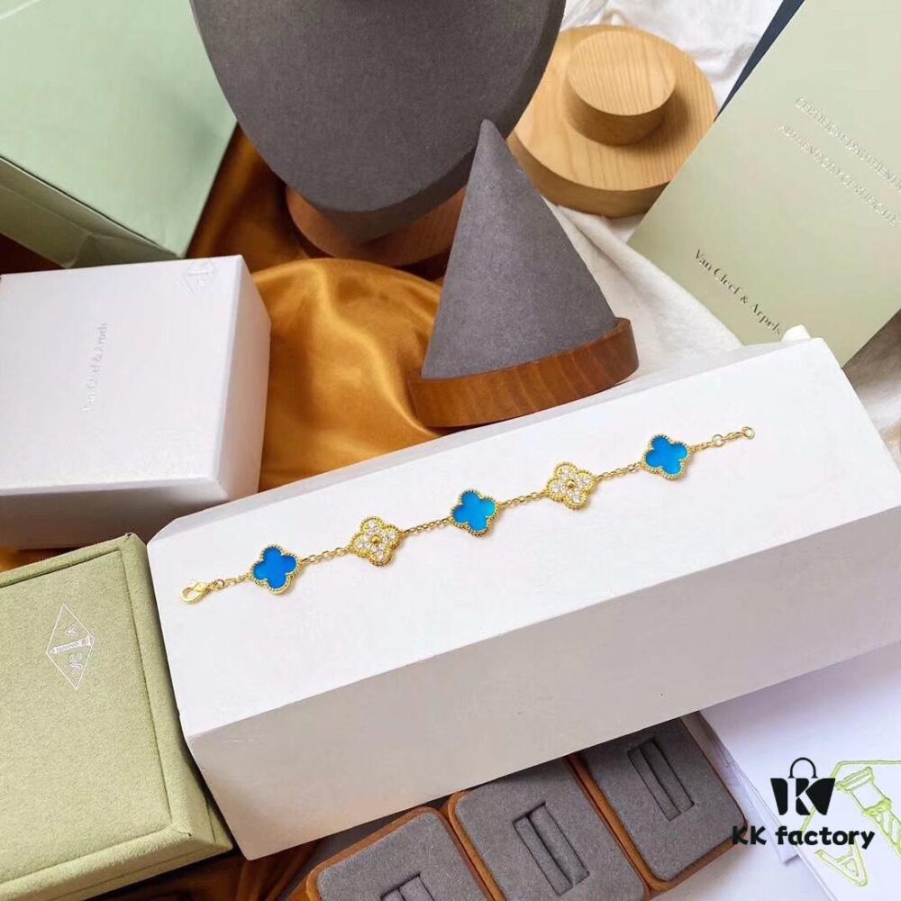 Van Cleef & Arpels 2019 New Arrival, 50th Anniversary Limited Edition Five-Flower Mother-of-Pearl Bracelet in Blue Ceramic and Gold