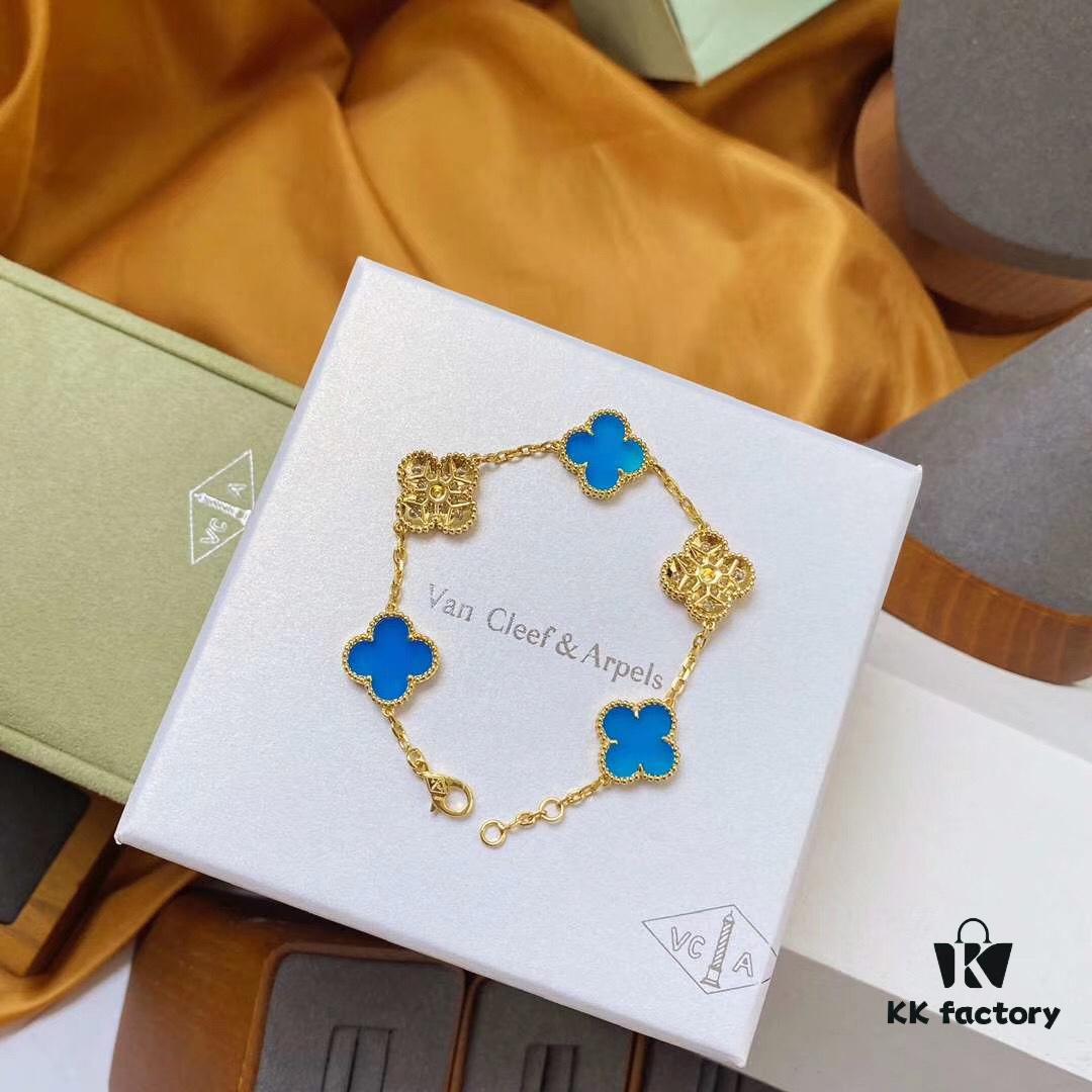 Van Cleef & Arpels 2019 New Arrival, 50th Anniversary Limited Edition Five-Flower Mother-of-Pearl Bracelet in Blue Ceramic and Gold