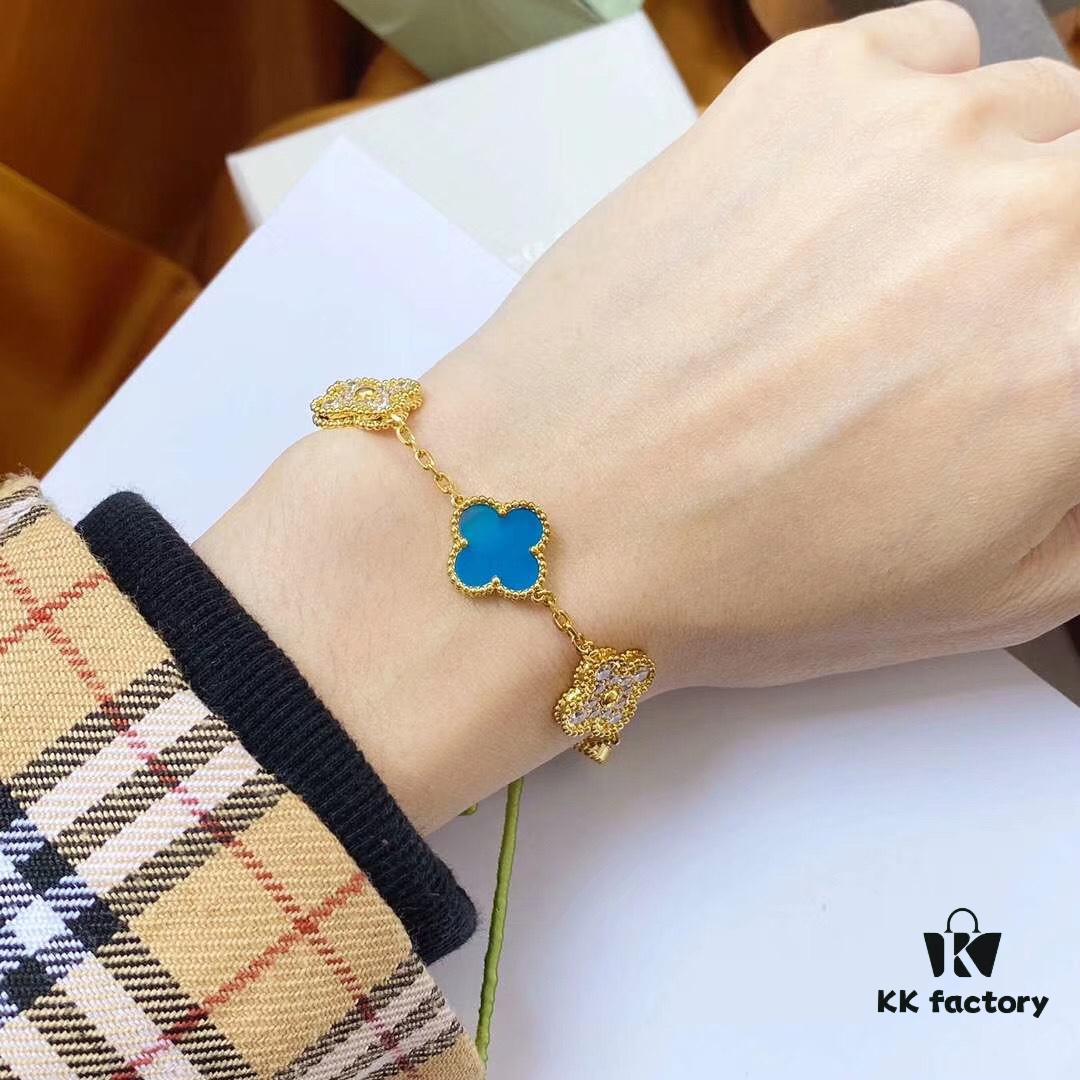 Van Cleef & Arpels 2019 New Arrival, 50th Anniversary Limited Edition Five-Flower Mother-of-Pearl Bracelet in Blue Ceramic and Gold