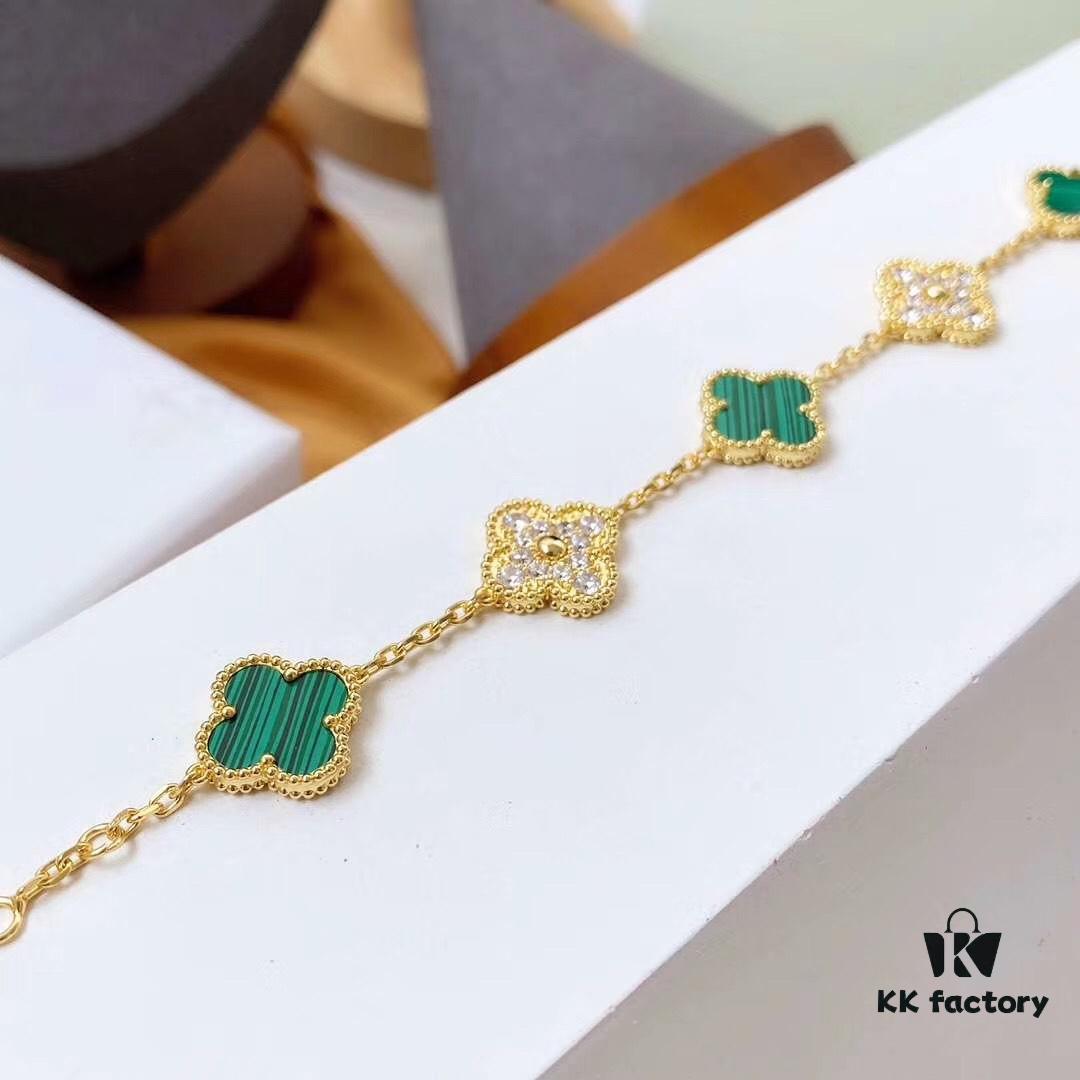 Van Cleef & Arpels 2019 New Arrival, 50th Anniversary Limited Edition Five-Flower Mother-of-Pearl Bracelet in Malachite and Gold