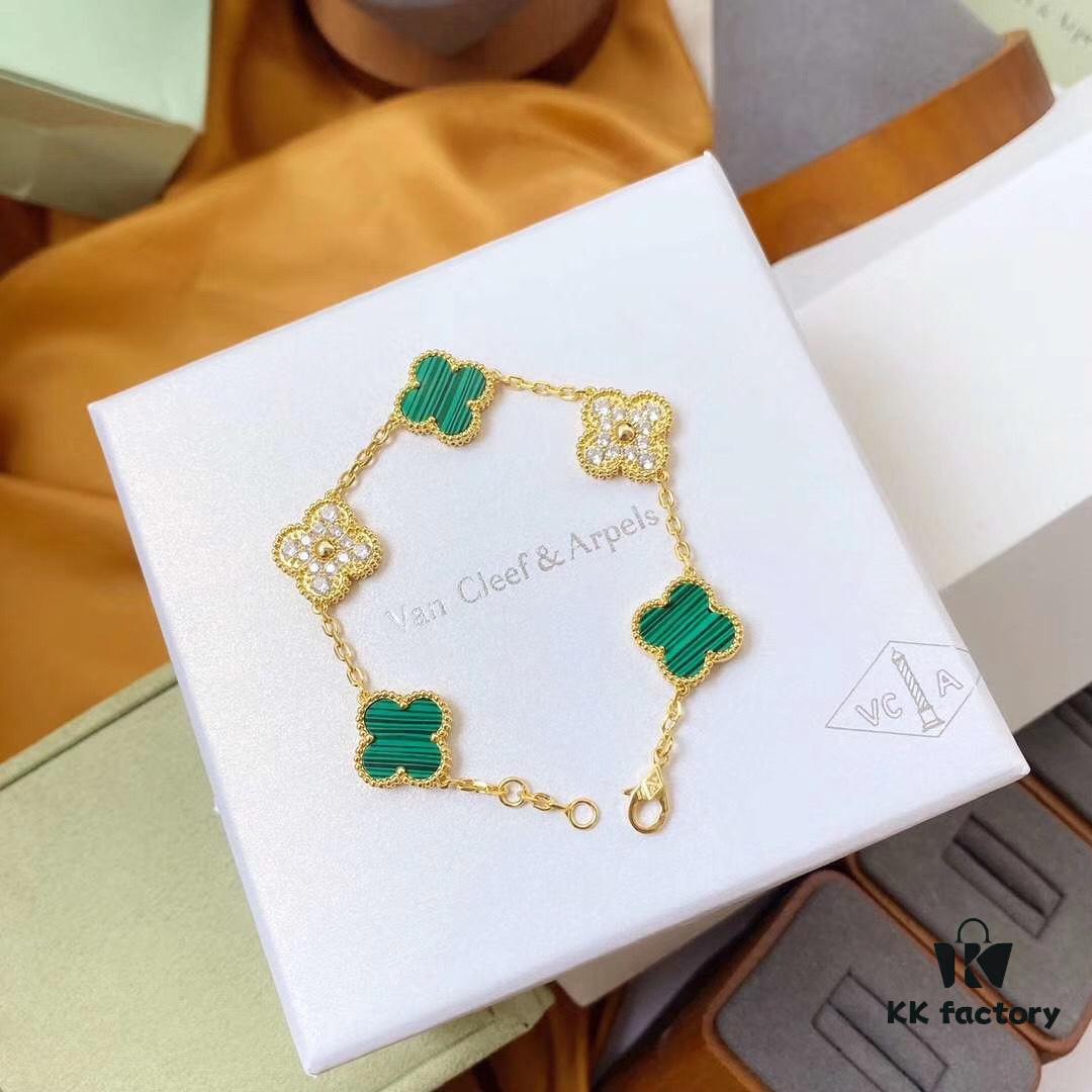 Van Cleef & Arpels 2019 New Arrival, 50th Anniversary Limited Edition Five-Flower Mother-of-Pearl Bracelet in Malachite and Gold