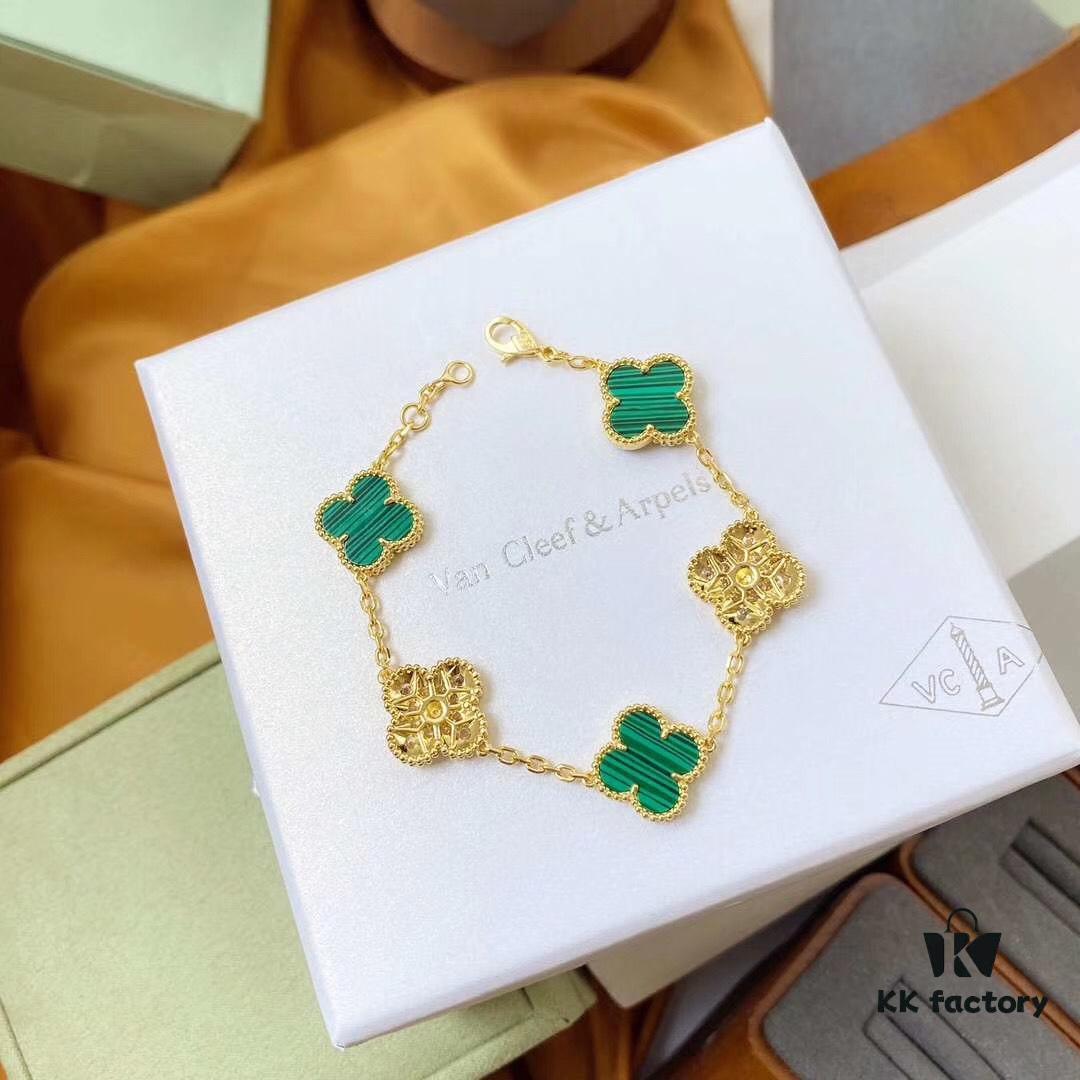 Van Cleef & Arpels 2019 New Arrival, 50th Anniversary Limited Edition Five-Flower Mother-of-Pearl Bracelet in Malachite and Gold
