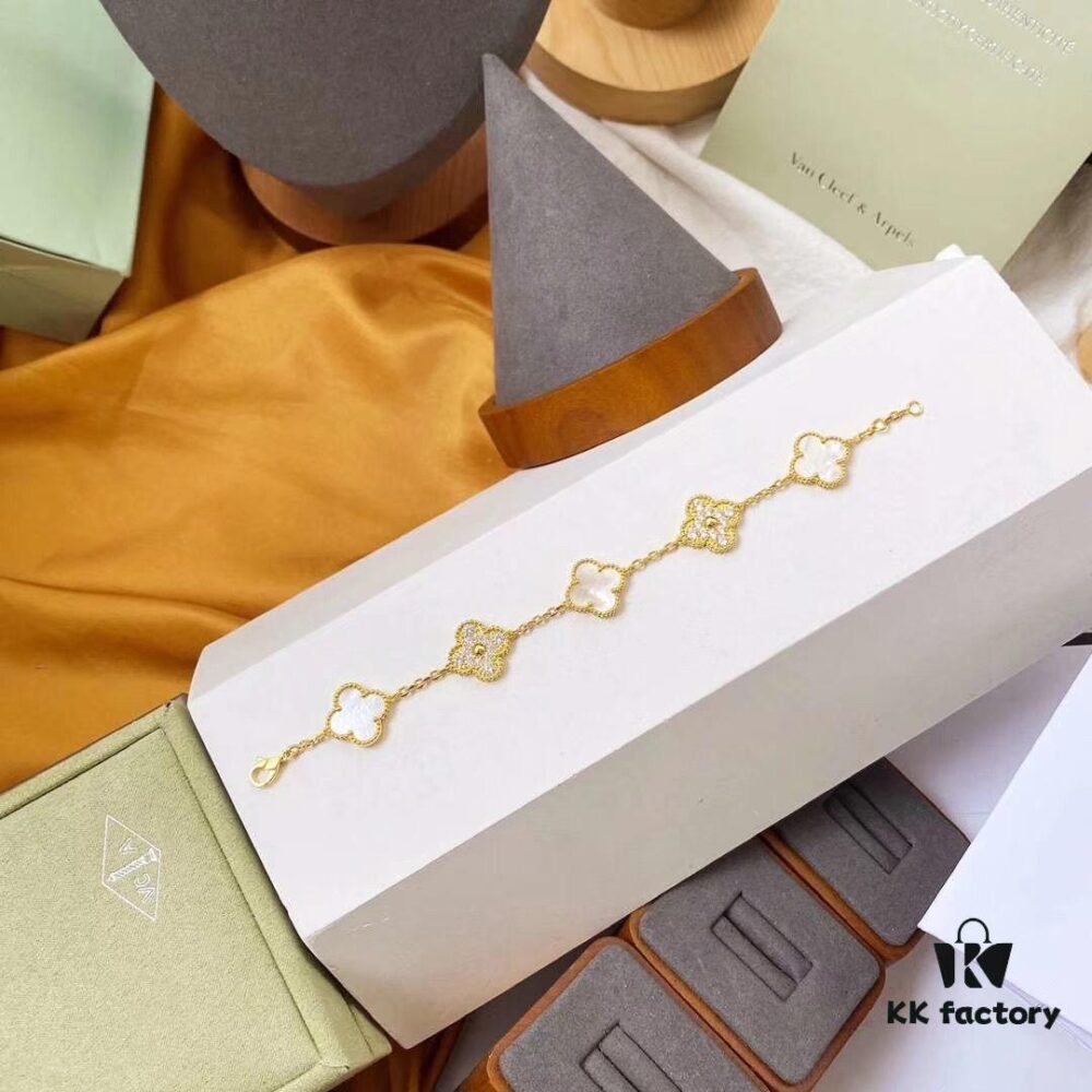 Van Cleef & Arpels 2019 New Release, 50th Anniversary Limited Edition Five-Flower Mother-of-Pearl Bracelet in Yellow Gold