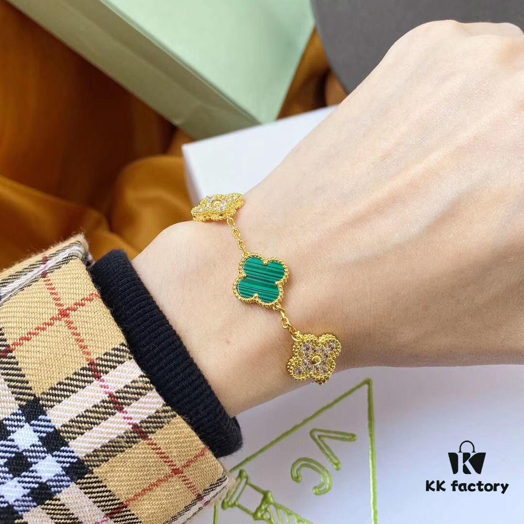 Van Cleef & Arpels 2019 New Arrival, 50th Anniversary Limited Edition Five-Flower Mother-of-Pearl Bracelet in Malachite and Gold