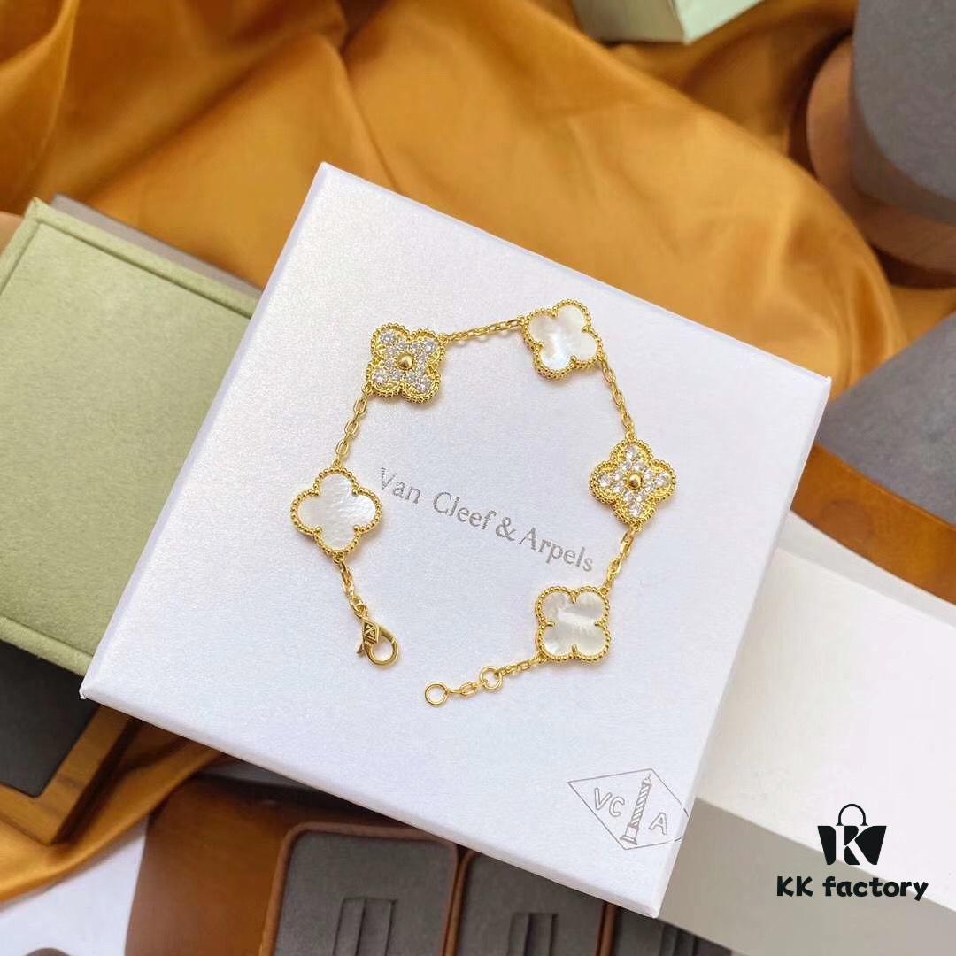 Van Cleef & Arpels 2019 New Release, 50th Anniversary Limited Edition Five-Flower Mother-of-Pearl Bracelet in Yellow Gold