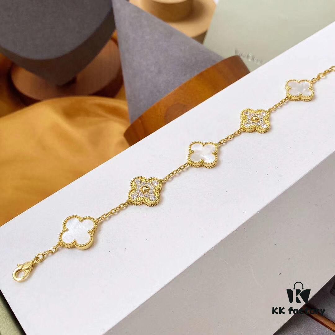 Van Cleef & Arpels 2019 New Release, 50th Anniversary Limited Edition Five-Flower Mother-of-Pearl Bracelet in Yellow Gold