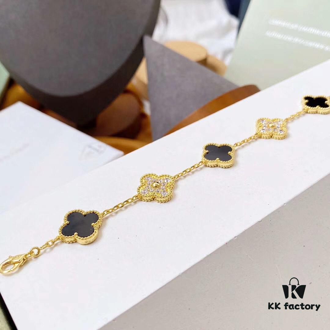 Van Cleef & Arpels 2019 New Arrival, 50th Anniversary Limited Edition Five-Flower Mother-of-Pearl Bracelet in Black Onyx and Gold