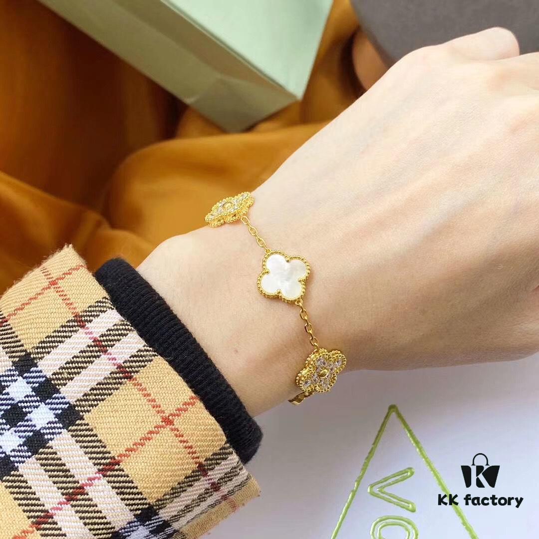 Van Cleef & Arpels 2019 New Release, 50th Anniversary Limited Edition Five-Flower Mother-of-Pearl Bracelet in Yellow Gold