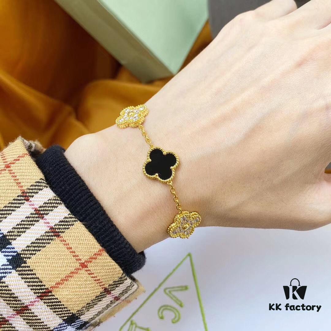 Van Cleef & Arpels 2019 New Arrival, 50th Anniversary Limited Edition Five-Flower Mother-of-Pearl Bracelet in Black Onyx and Gold