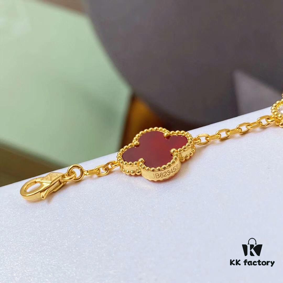 Van Cleef & Arpels 2019 New Arrival 50th Anniversary Limited Edition Five-Flower Mother-of-Pearl Bracelet with Red Agate and Gold