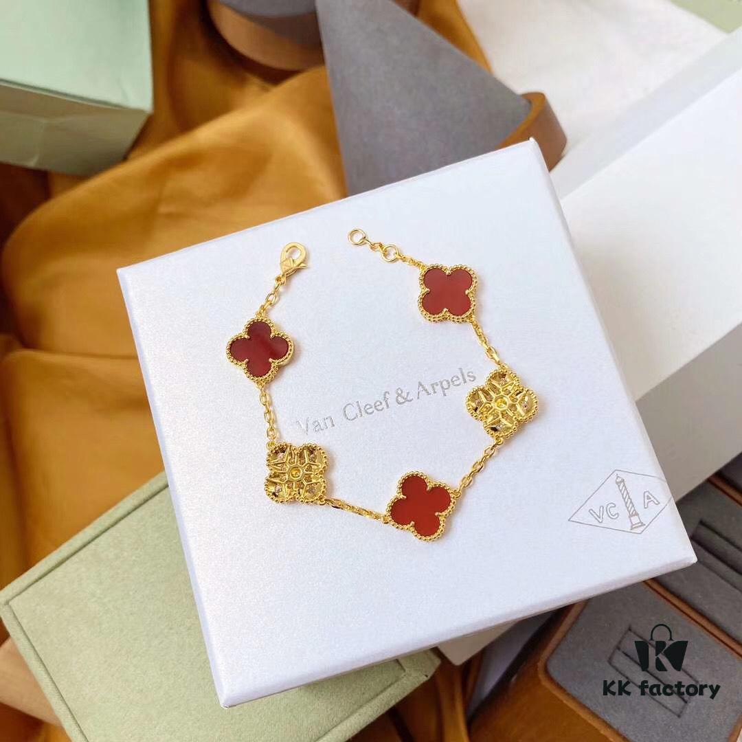Van Cleef & Arpels 2019 New Arrival 50th Anniversary Limited Edition Five-Flower Mother-of-Pearl Bracelet with Red Agate and Gold