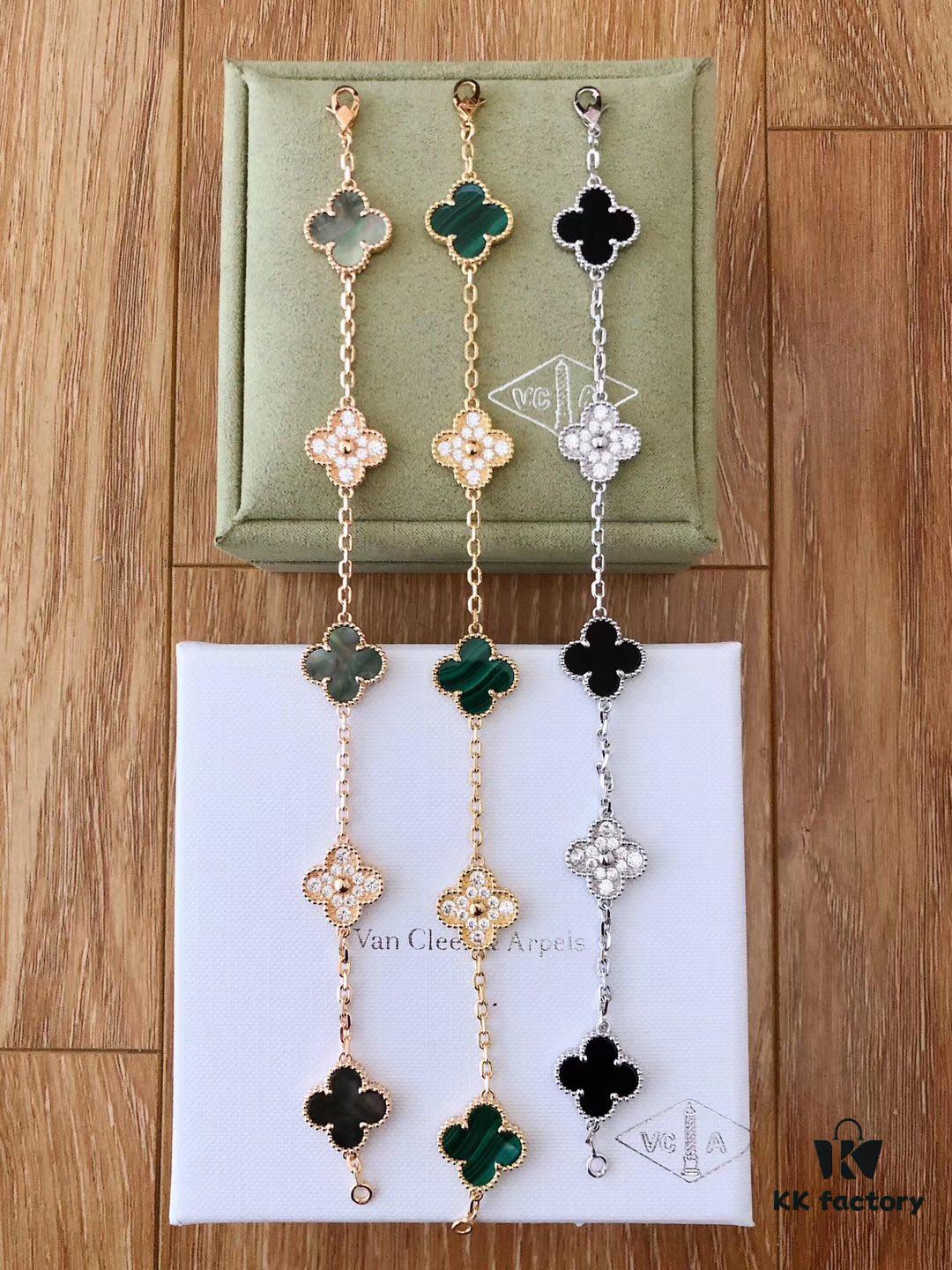 VCA Tricolor Five-Petal Diamond-Inlaid 50th Anniversary Commemorative Bracelet with Natural Stones and Natural Gray Mother of Pearl