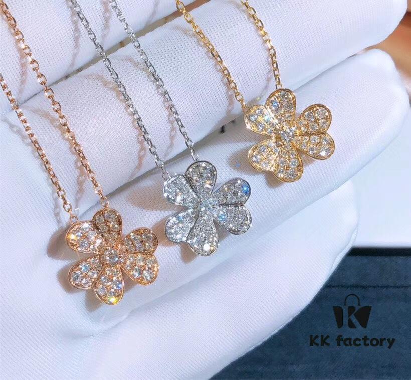 VCA Van Cleef & Arpels Frivole Series Micro-Pave Three-Leaf Clover Necklace and Bracelet, Stunning Design, Popular Among Influencers, Classic, Timeless, Elegant and Minimalist, 925 Sterling Silver with High-Cut Diamonds, A Must-Have for Every Woman, Exquisite Craftsmanship, Premium Quality