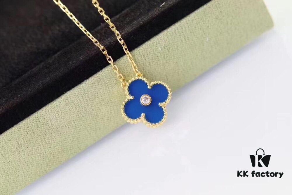 Vca Van Cleef & Arpels 2019 Christmas Limited Edition Blue Ceramic Diamond-Paved Clover Necklace