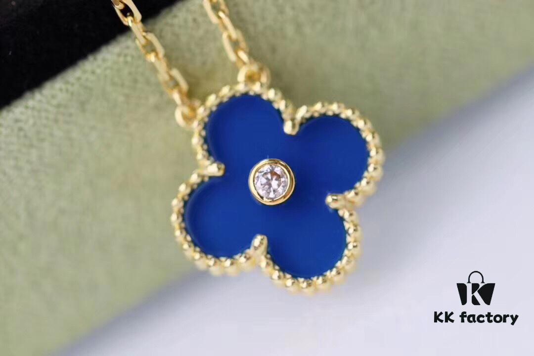 Vca Van Cleef & Arpels 2019 Christmas Limited Edition Blue Ceramic Diamond-Paved Clover Necklace