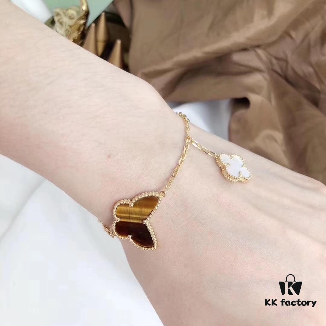 Van Cleef & Arpels Lucky Bangle Bracelet in Sterling Silver with Thick 18K Gold Plating, 4-Flower Mixed Design with Tiger's Eye, Carnelian, Malachite, and White Mother of Pearl