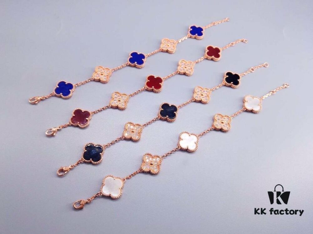 Van Cleef & Arpels Alhambra Clover Interlaced Five-Flower Bracelet, Classic New Luxury Style, Lucky Clover Design, Rose Gold, Onyx, and Agate