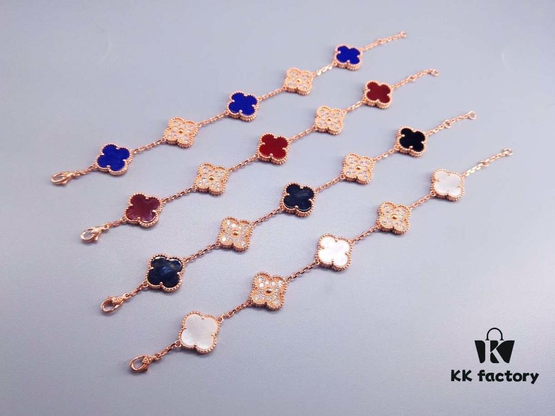 Van Cleef & Arpels Alhambra Clover Interlaced Five-Flower Bracelet, Classic New Luxury Style, Lucky Clover Design, Rose Gold, Onyx, and Agate