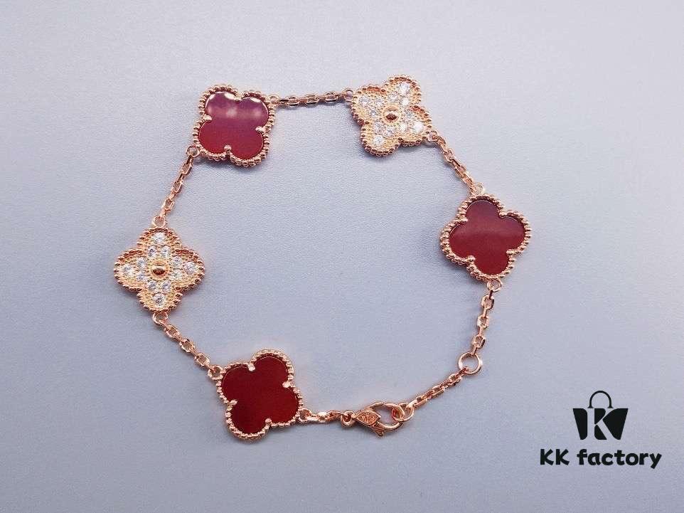 Van Cleef & Arpels Alhambra Clover Interlaced Five-Flower Bracelet, Classic New Luxury Style, Lucky Clover Design, Rose Gold, Onyx, and Agate