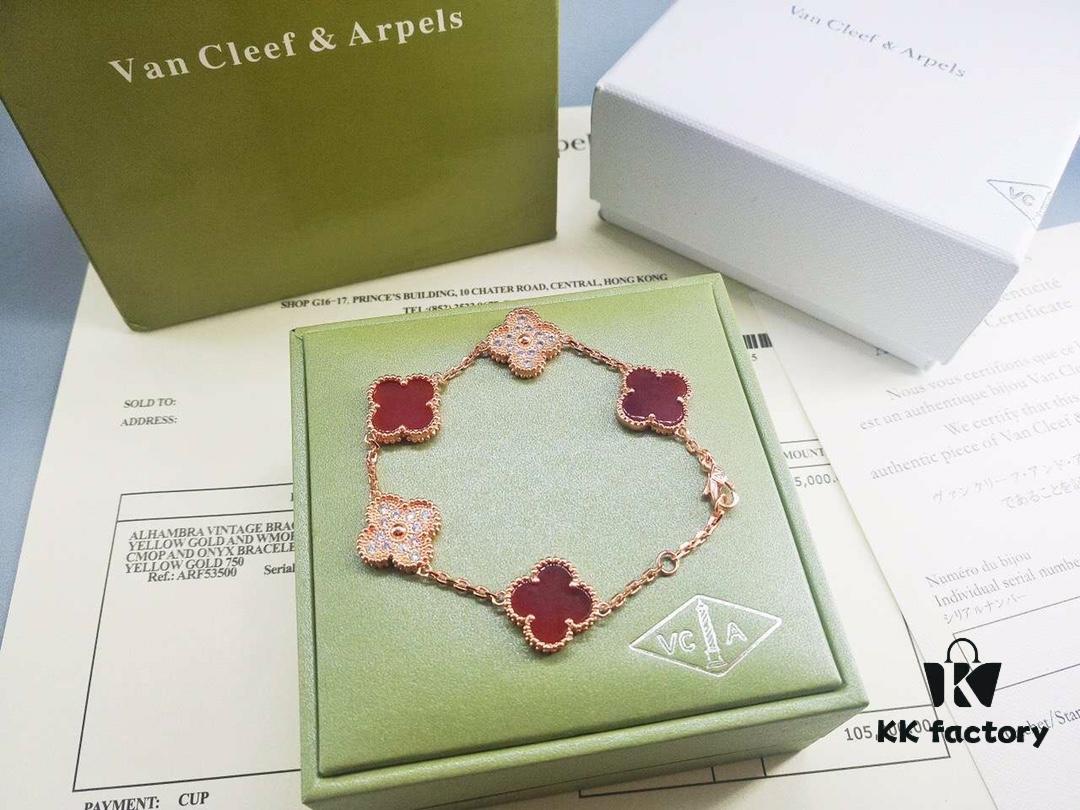 Van Cleef & Arpels Alhambra Clover Interlaced Five-Flower Bracelet, Classic New Luxury Style, Lucky Clover Design, Rose Gold, Onyx, and Agate